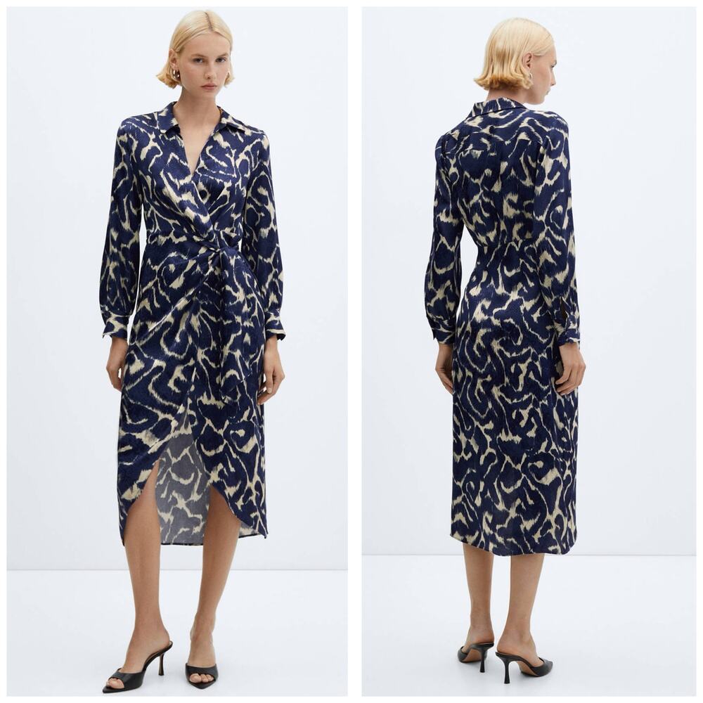 Mango Knot Navy Print Midi Dress Size 2 Wrap Tie Side Long Sleeve Satin Chic